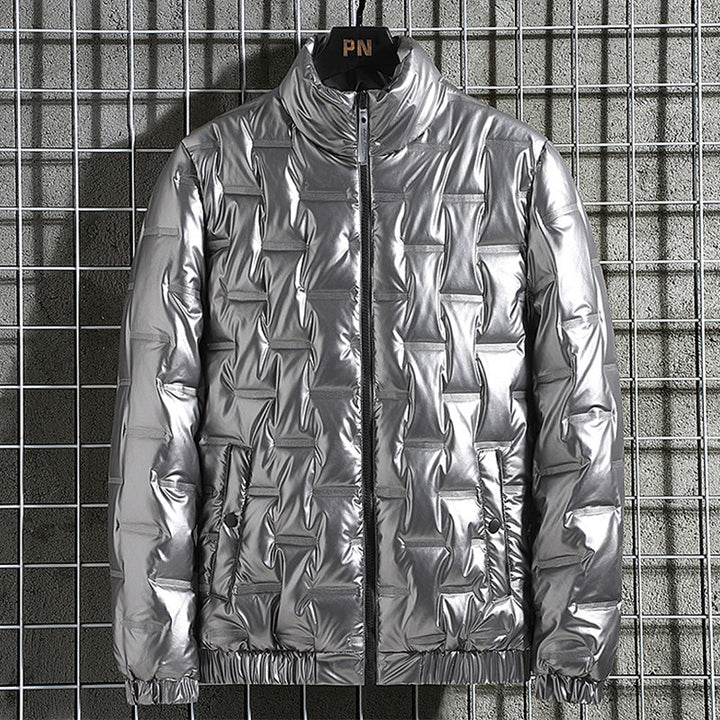 Men's Shiny Quilted Jacket with Geometric Quilting and Stand-up Collar
