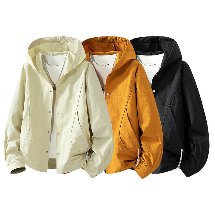 Women's Lightweight Hooded Jacket with Snap Front, Adjustable Drawstring Hem, and Practical Side Pockets