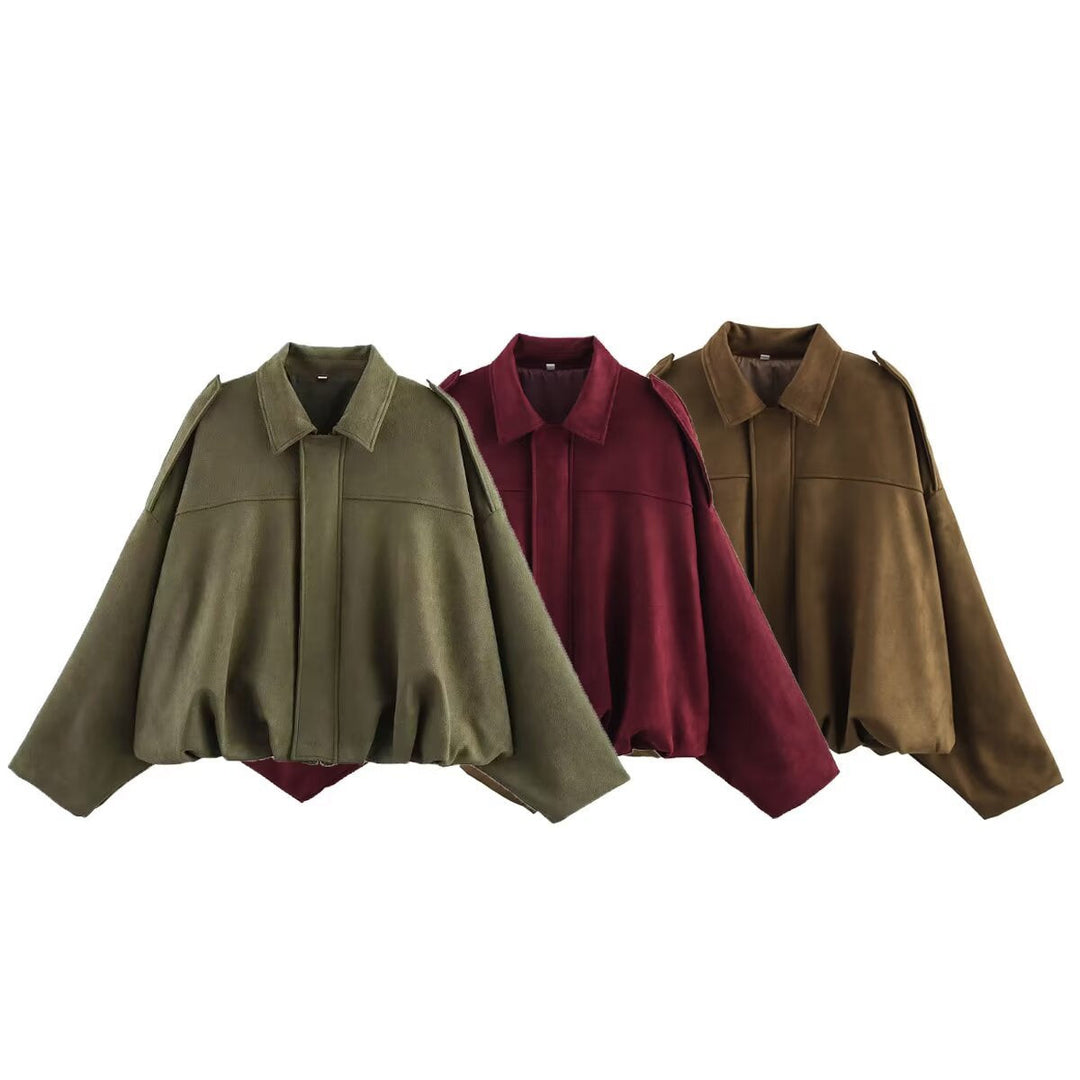 Women Oversized Suede Bomber Jacket with Shoulder Epaulettes