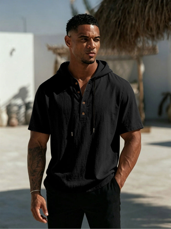 Men's Short Sleeve Hoodie Henley in Linen Look with Button Placket