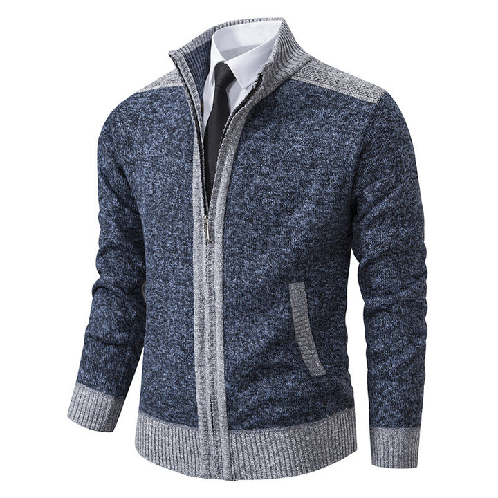 Men's Structured Knit Cardigan with Stand-up Collar and Full Zip