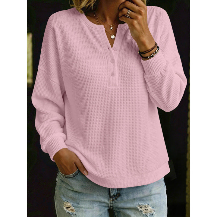 Women's Waffle Knit Henley Sweater with Oversized Cut