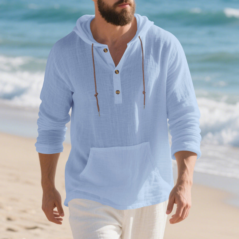 Men's Lightweight Hooded Henley made of Linen-cotton Blend with Kangaroo Pocket and Button Placket