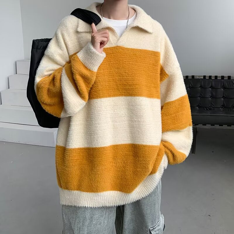 Men's Cozy Chunky Knit Sweater with Modern Stripes