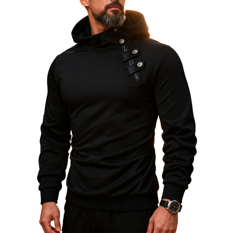 Men's Fitted Hoodie with High Collar, Decorative Tabs and Concealed Diagonal Zipper