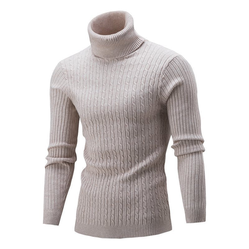 Men's Ribbed Turtleneck Sweater with Cable Knit Pattern and Form-fitting Slim-fit Silhouette