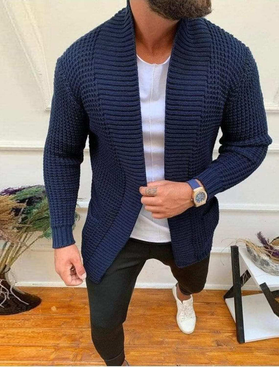 Men's Knitted Cardigan with Shawl Collar and Textured Waffle Pattern
