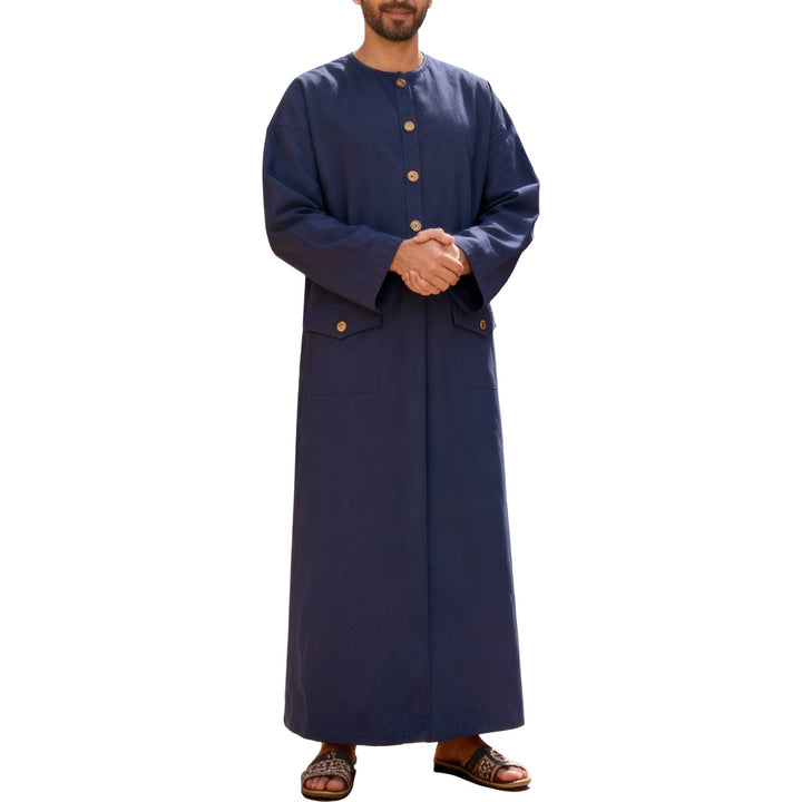 Men's Long Minimalist Coat with Round Neckline, Continuous Button Placket, and Applied Flap Pockets