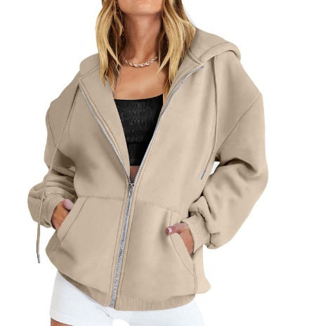 Women's Oversized Zip Hoodie with Contrasting Zipper, Double-layered Hood and Kangaroo Pocket