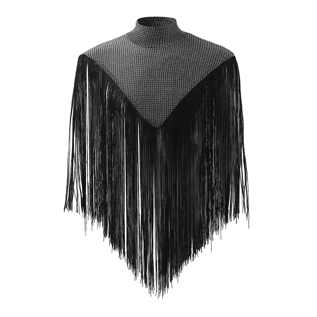 Women's Long Fringed Cape with Turtleneck and V-shaped Insert