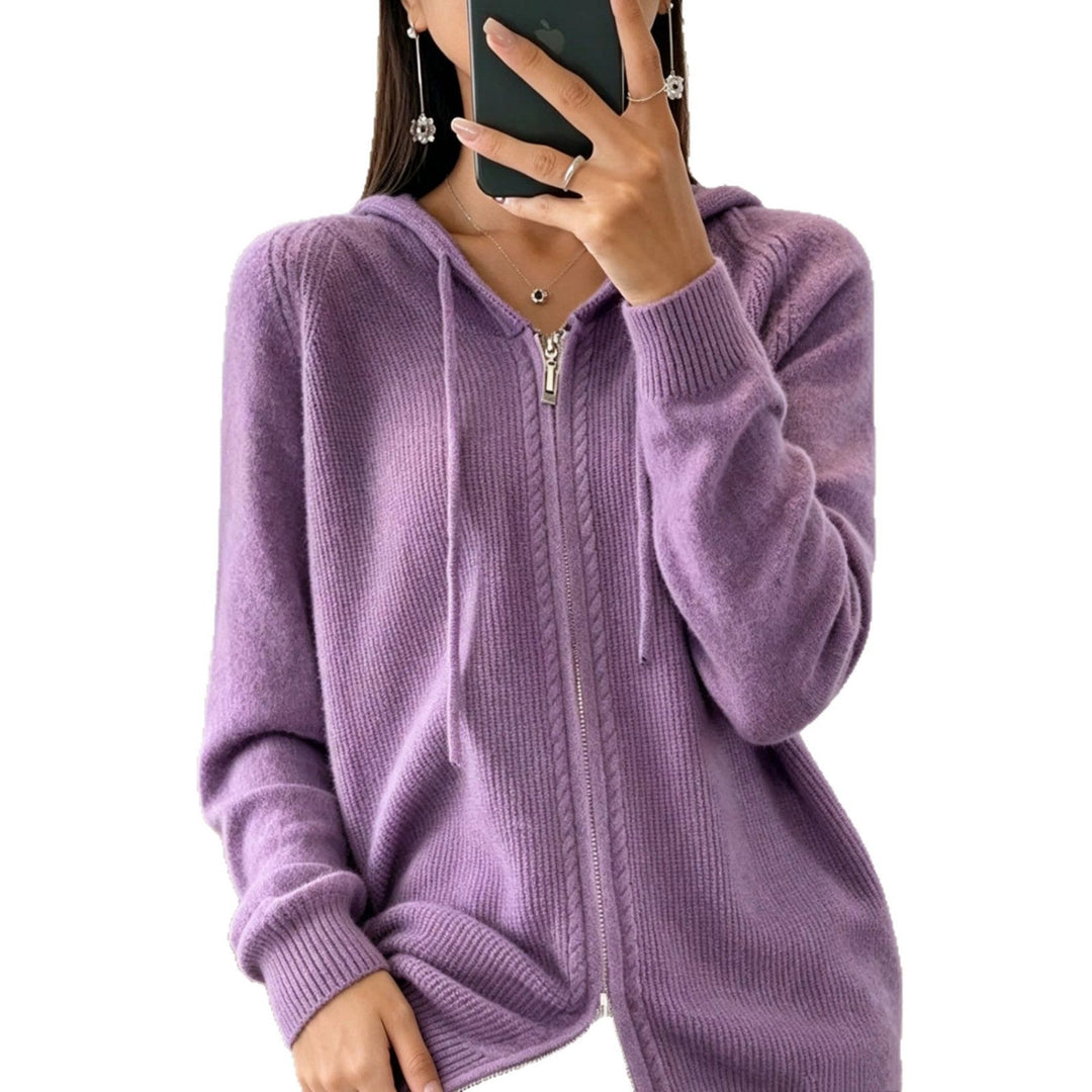 Women's Hooded Cardigan with Zipper, Fine Knit and Ribbed Cuffs