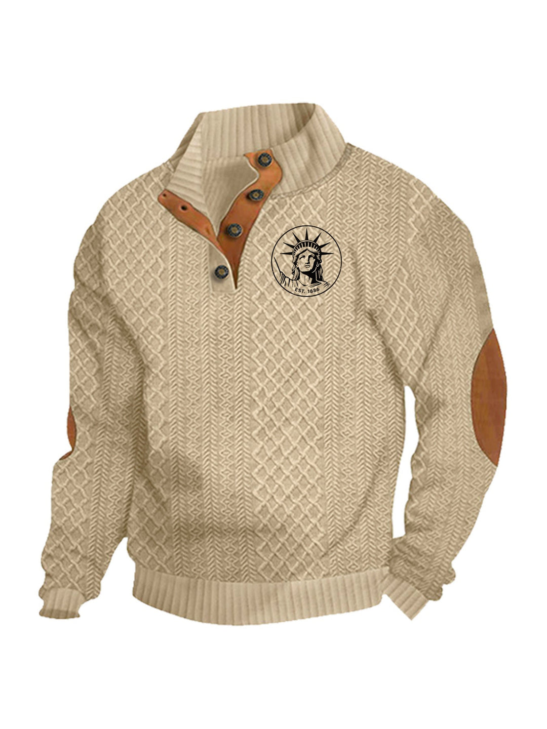 Men's Heritage Textured Pullover with Stand-up Collar Faux Leather Trim Elbow Patches and Half-button Placket