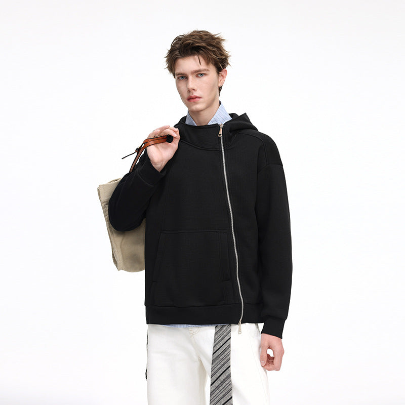 Unisex Asymmetric Hoodie with High Collar, Diagonal Zipper and Kangaroo Pocket