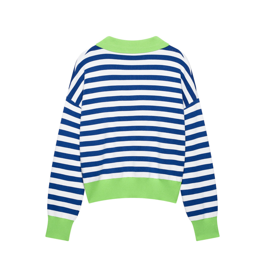 Women's Striped Cropped Polo Sweater in Fine Knit with Balloon Sleeves