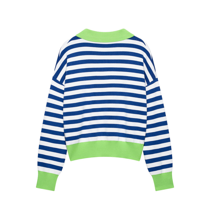 Women's Striped Cropped Polo Sweater in Fine Knit with Balloon Sleeves