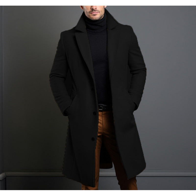 Men's Elegant Single-Breasted Long Coat made of Wool Blend with Slim Silhouette and Lapel Collar