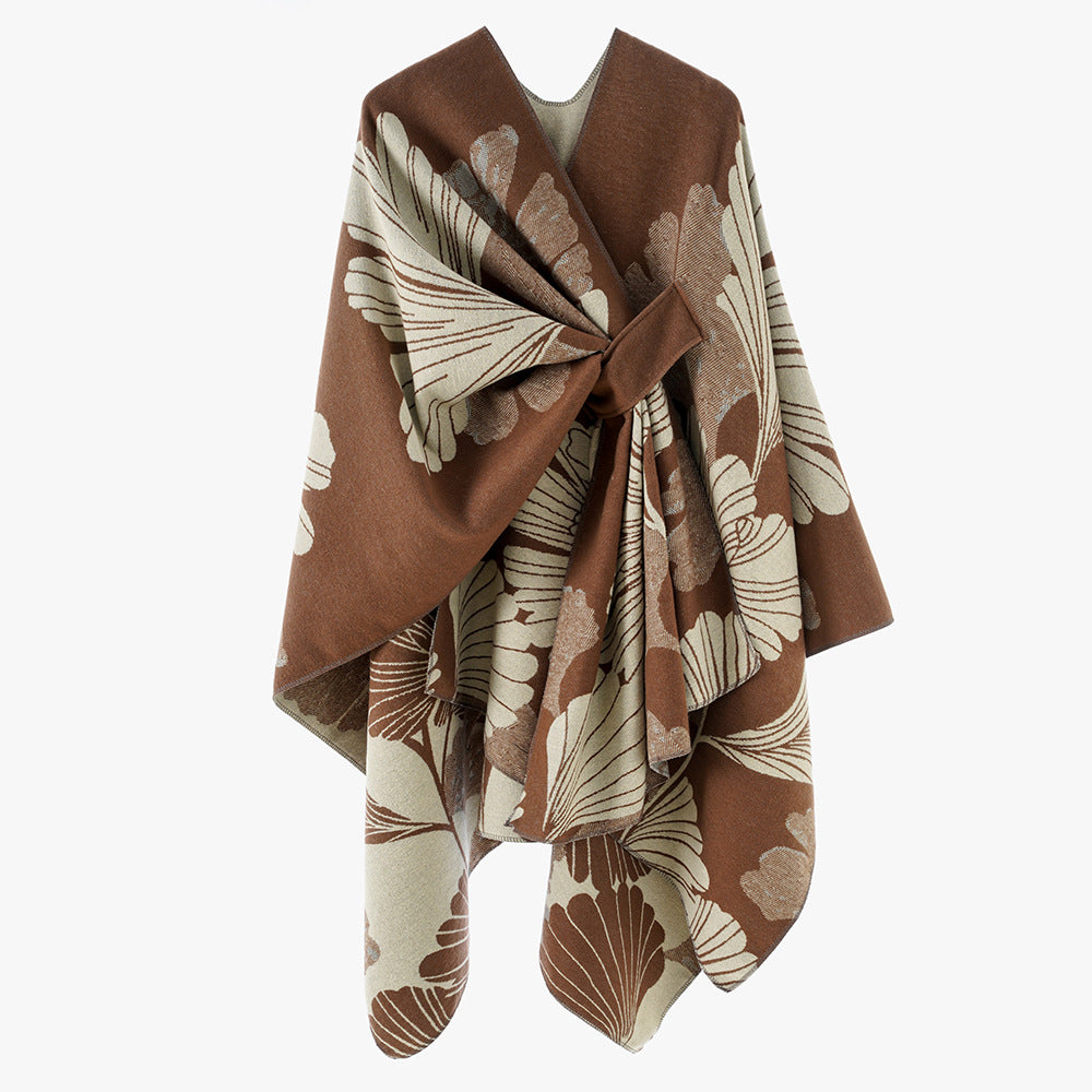 Women's Oversize Jacquard Cape made of Wool Blend with Floral Jacquard and Front Loop