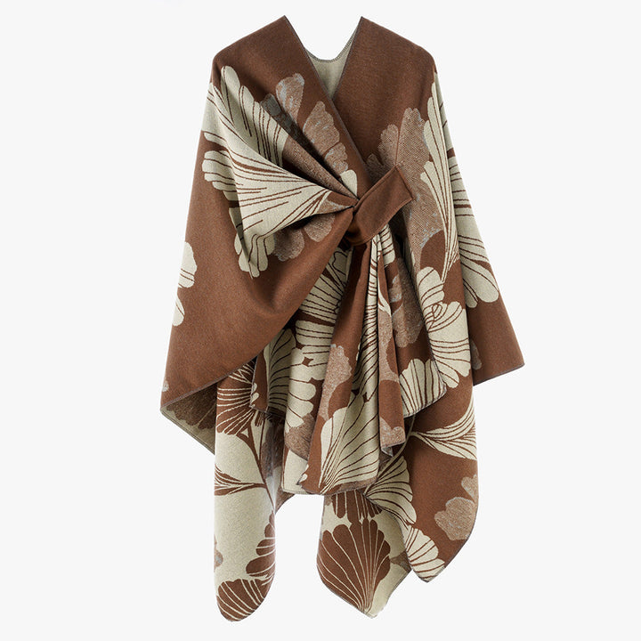 Women's Oversize Jacquard Cape made of Wool Blend with Floral Jacquard and Front Loop