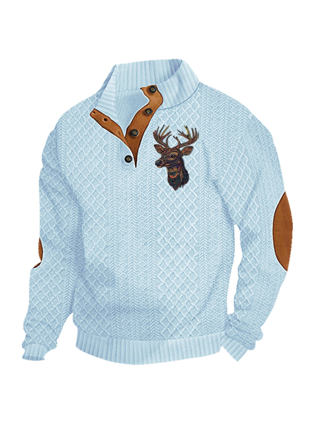 Men's Heritage Textured Pullover with Stand-up Collar Faux Leather Trim Elbow Patches and Half-button Placket