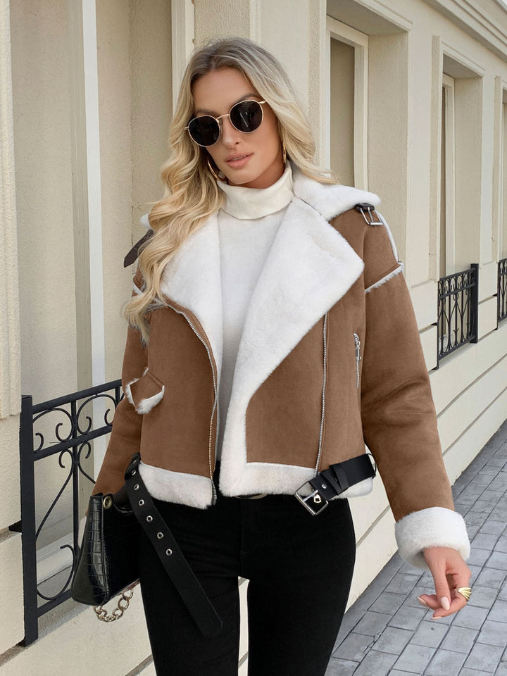 Women's Fashionable Jacket with Faux Fur Collar and Belt