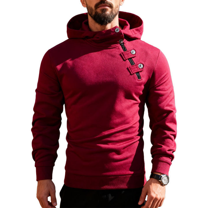 Men's Fitted Hoodie with High Collar, Decorative Tabs and Concealed Diagonal Zipper