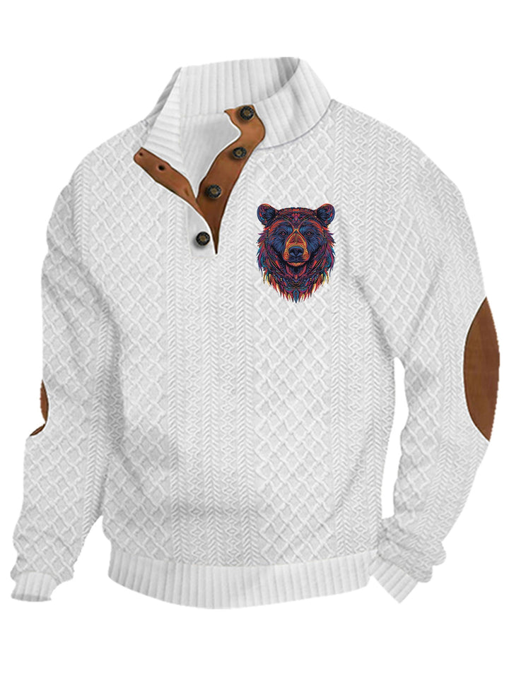 Men's Heritage Textured Pullover with Stand-up Collar Faux Leather Trim Elbow Patches and Half-button Placket