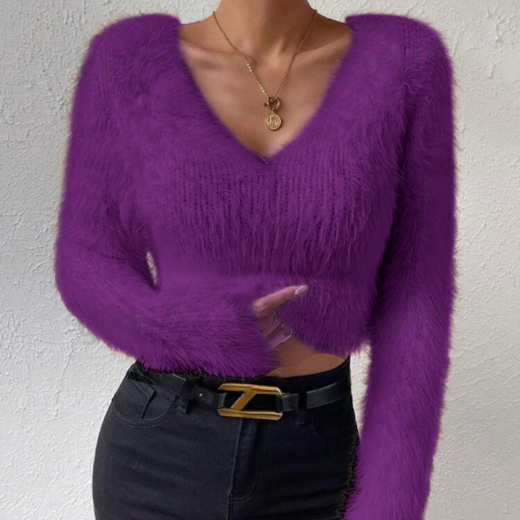 Women's Fluffy Crop Sweater with V-Neck and Eyelash Structure