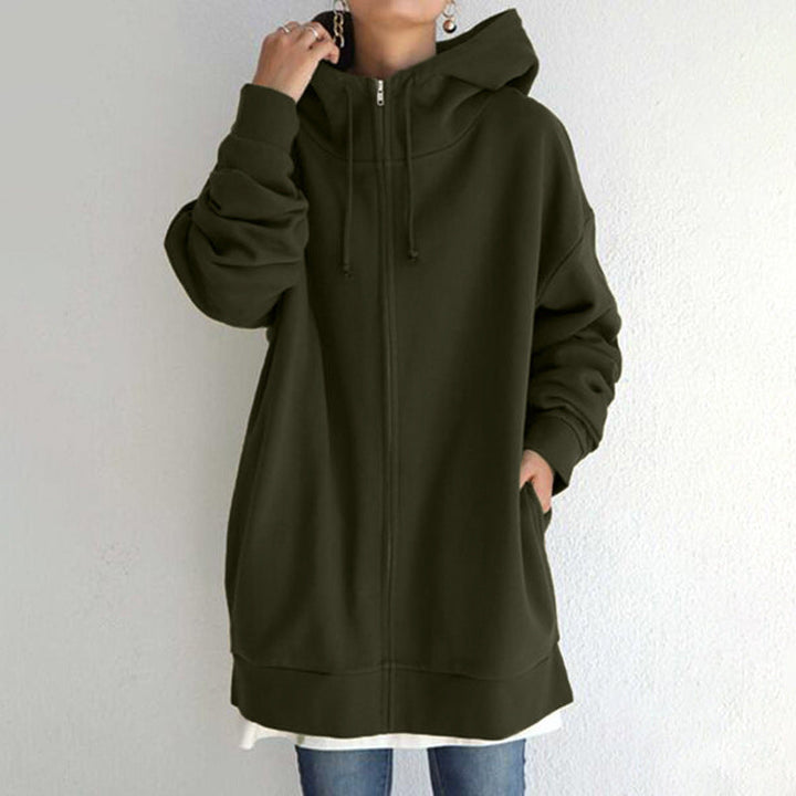 Women's Oversized Hooded Long Pullover with Zipper and Side Pockets