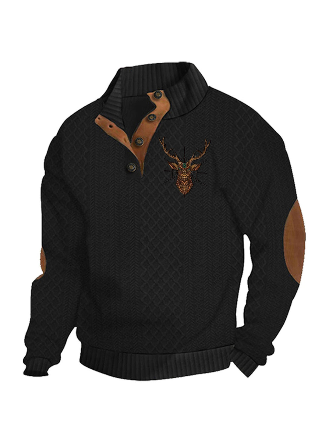 Men's Heritage Textured Pullover with Stand-up Collar Faux Leather Trim Elbow Patches and Half-button Placket