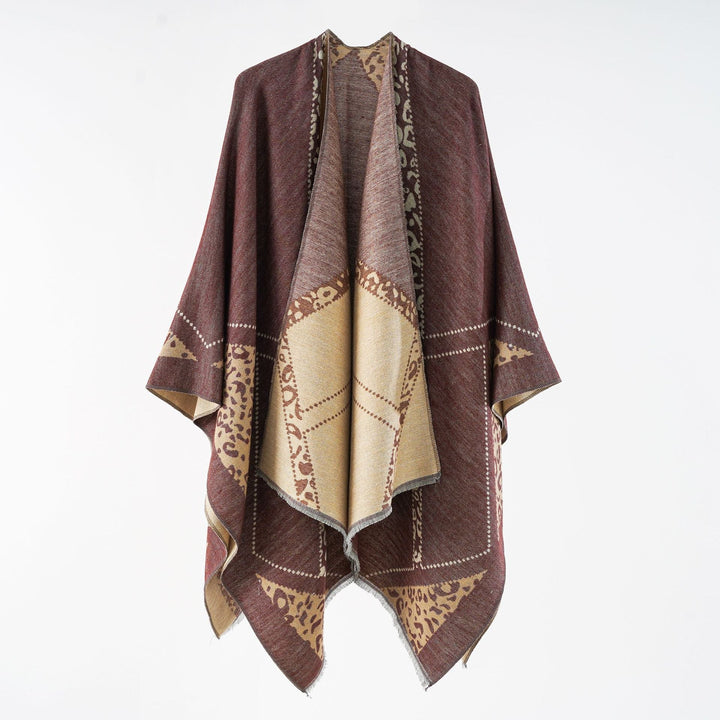 Women's Oversize Cape Throw with Jacquard Woven Patch Motifs and Fringed Hem
