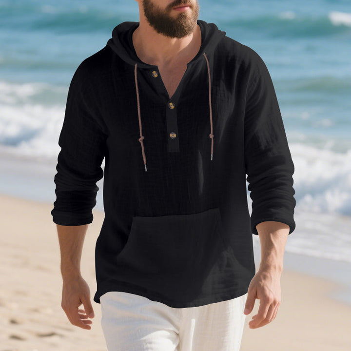 Men's Lightweight Hooded Henley made of Linen-cotton Blend with Kangaroo Pocket and Button Placket