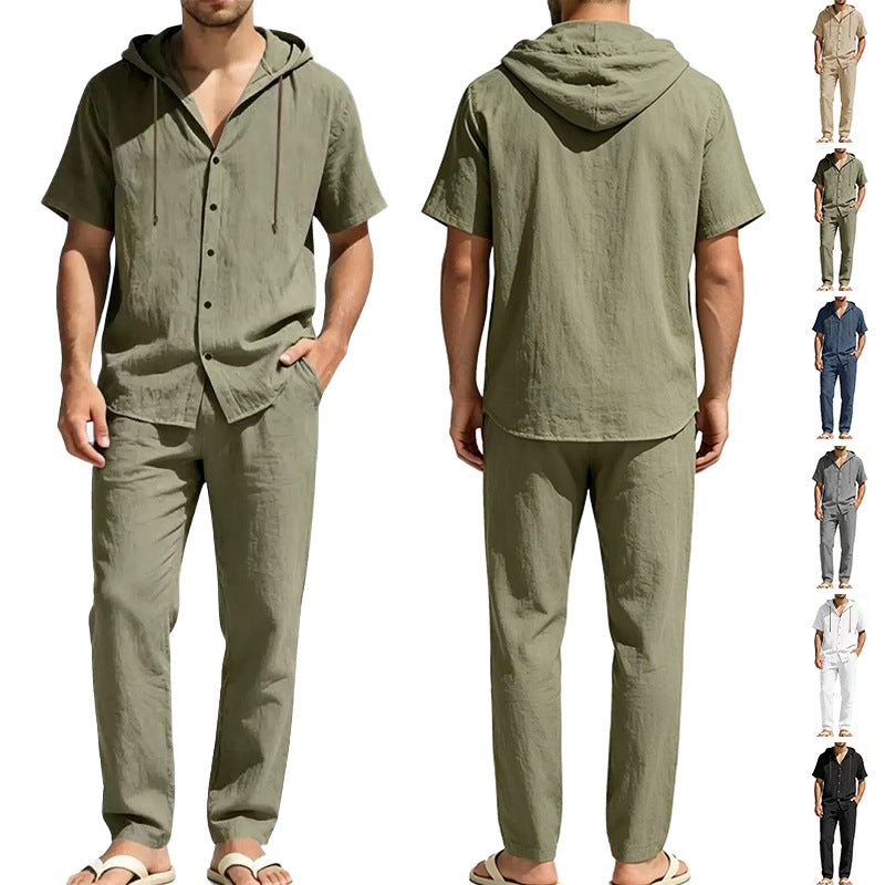 Men's Airy Linen Lounge Set with Short-sleeved Hoodie and Straight Relaxed Pants