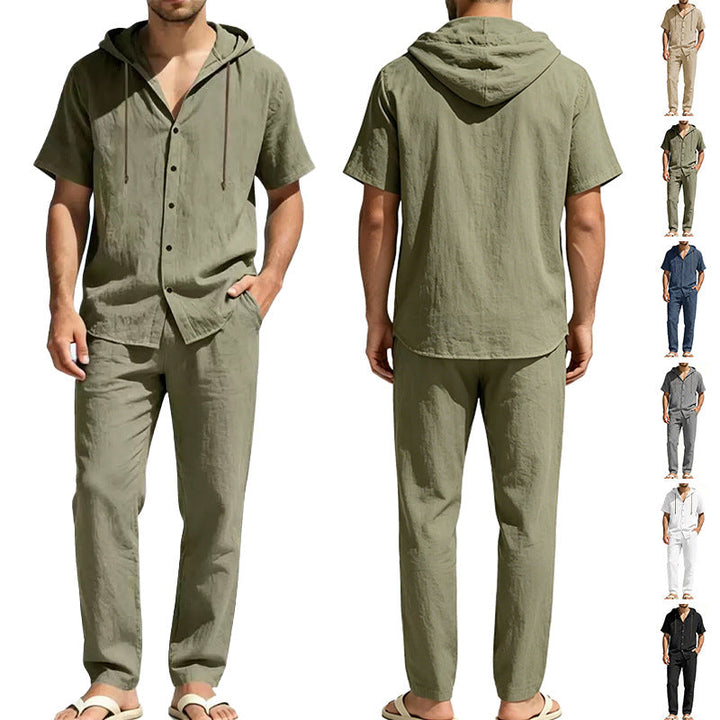 Men's Airy Linen Lounge Set with Short-sleeved Hoodie and Straight Relaxed Pants