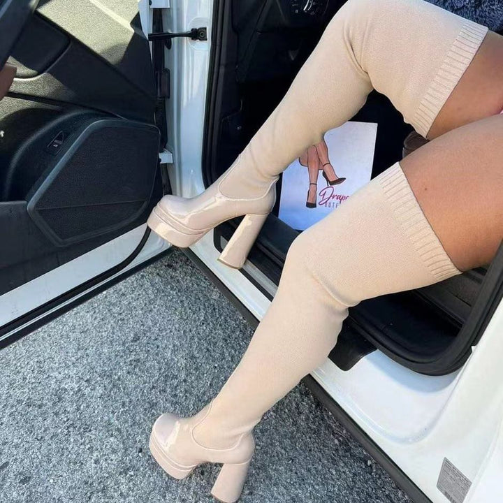 Women's Over-the-knee Boots with Platform Sole and Elastic Shaft Construction