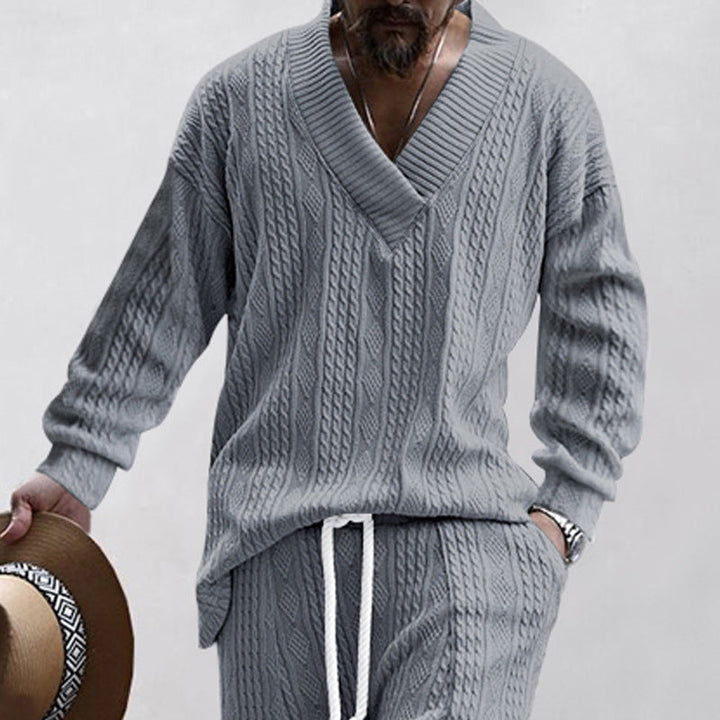Men's Oversize Cable Knit Long Sweater with Deep V-Neck and Matching Knit Pants