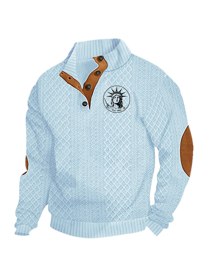 Men's Heritage Textured Pullover with Stand-up Collar Faux Leather Trim Elbow Patches and Half-button Placket