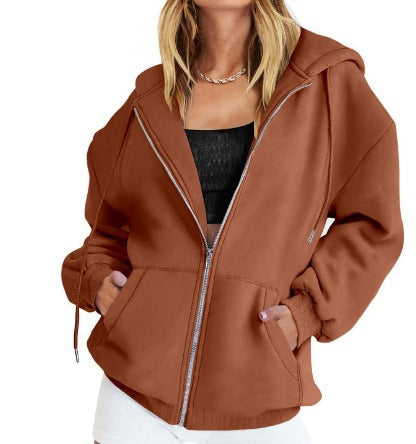 Women's Oversized Zip Hoodie with Contrasting Zipper, Double-layered Hood and Kangaroo Pocket