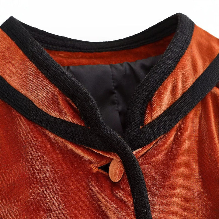 Women's Velvet Blazer-style Jacket with Stand-up Collar and Covered Buttons