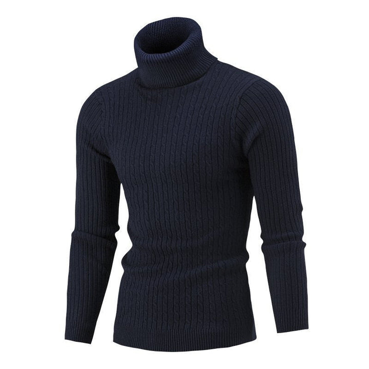 Men's Ribbed Turtleneck Sweater with Cable Knit Pattern and Form-fitting Slim-fit Silhouette