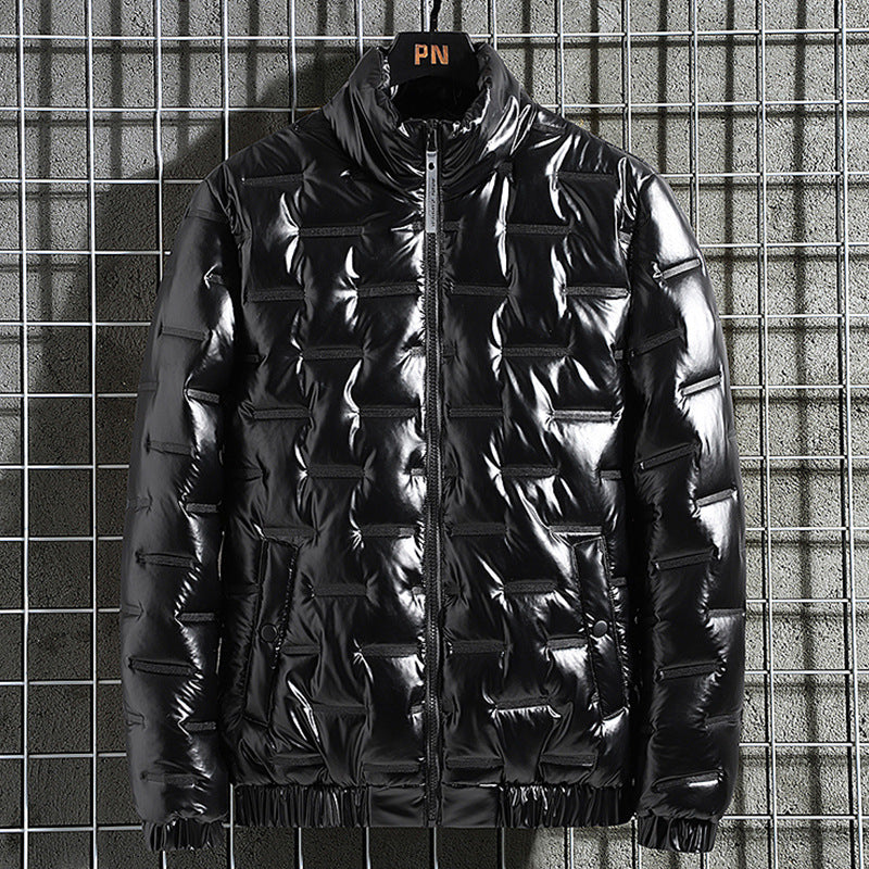 Men's Shiny Quilted Jacket with Geometric Quilting and Stand-up Collar