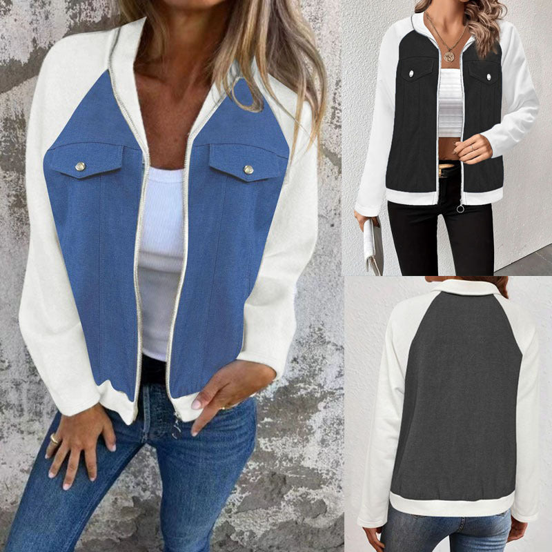 Women's Hooded Sweat Jacket with Denim Look Front, Chest Pockets and Zipper