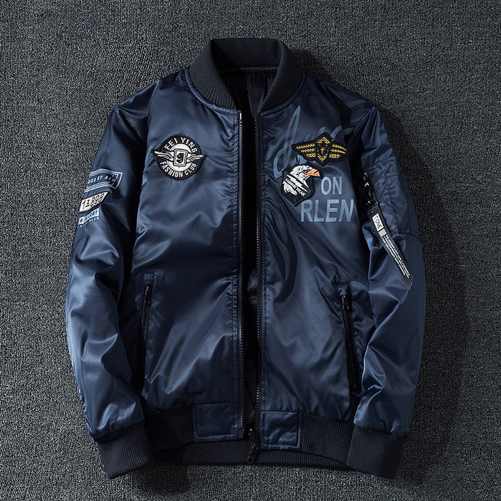 Men's Patch-detail Glossy Flight Bomber with Ribbed Trims