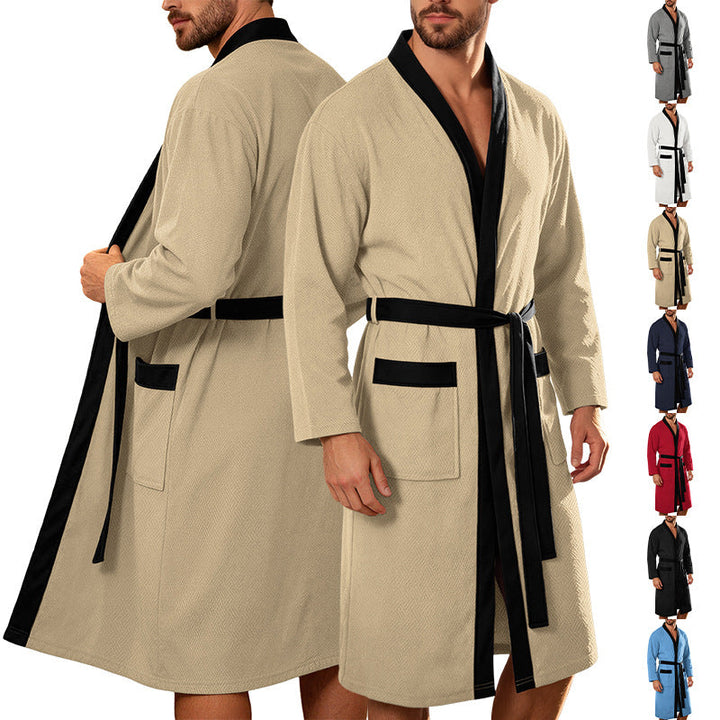 Men's Lightweight Cotton Kimono Bathrobe with Waffle Texture and Patch Pockets