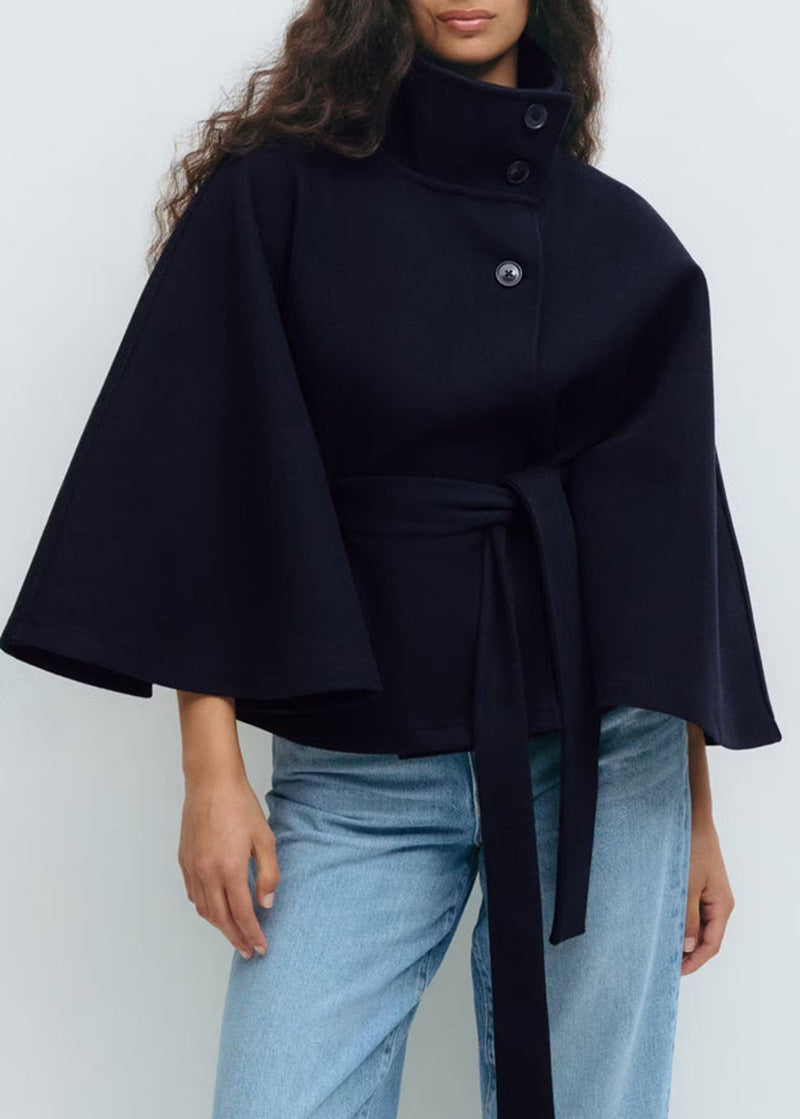 Women's Widely Cut Cape Coat with High Stand-up Collar, Button Placket, and Tie Belt