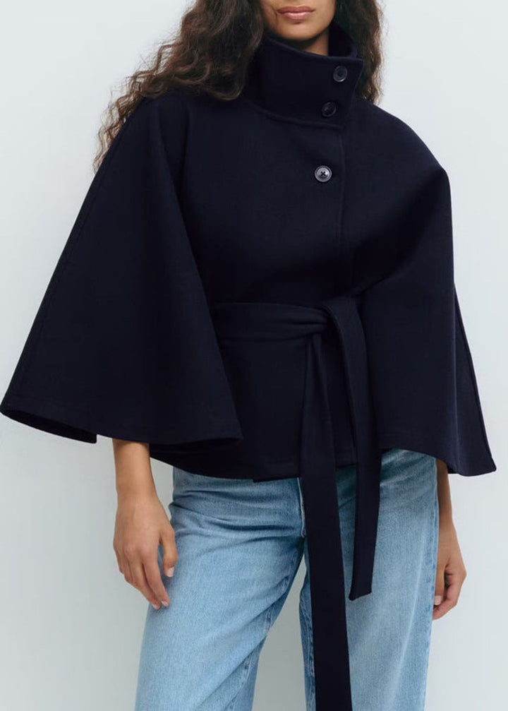 Women's Widely Cut Cape Coat with High Stand-up Collar, Button Placket, and Tie Belt