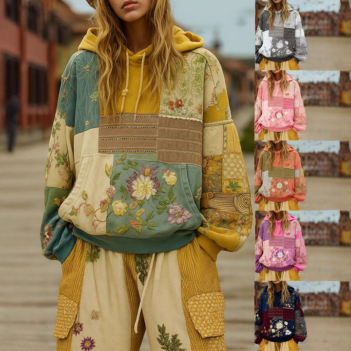 Women's Embroidered Patchwork Hoodie with Flower Applique and Kangaroo Pocket