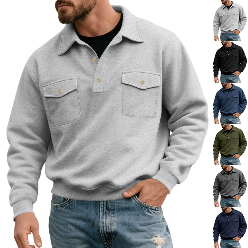Men's Polo Collar Sweatshirt with Patch Chest Pockets and Ribbed Cuffs