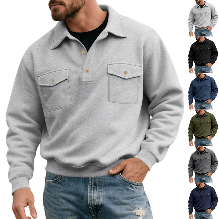 Men's Polo Collar Sweatshirt with Patch Chest Pockets and Ribbed Cuffs