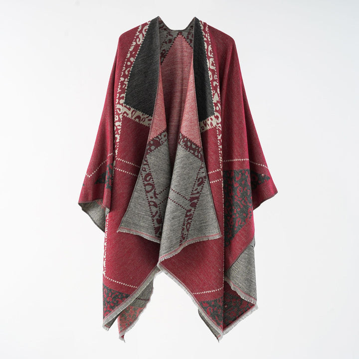 Women's Oversize Cape Throw with Jacquard Woven Patch Motifs and Fringed Hem