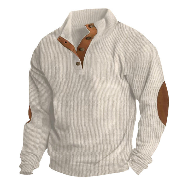 Men's Ribbed Henley Sweater with Stand Collar, Button Placket & Leather Elbow Patches
